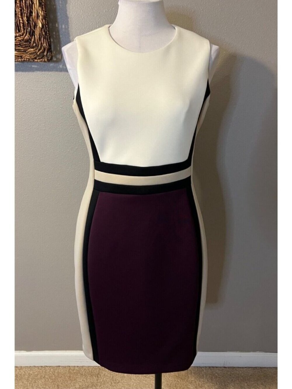 Calvin Klein Dress 8 Black Tan Plum Ivory Stretch Scuba Career Church